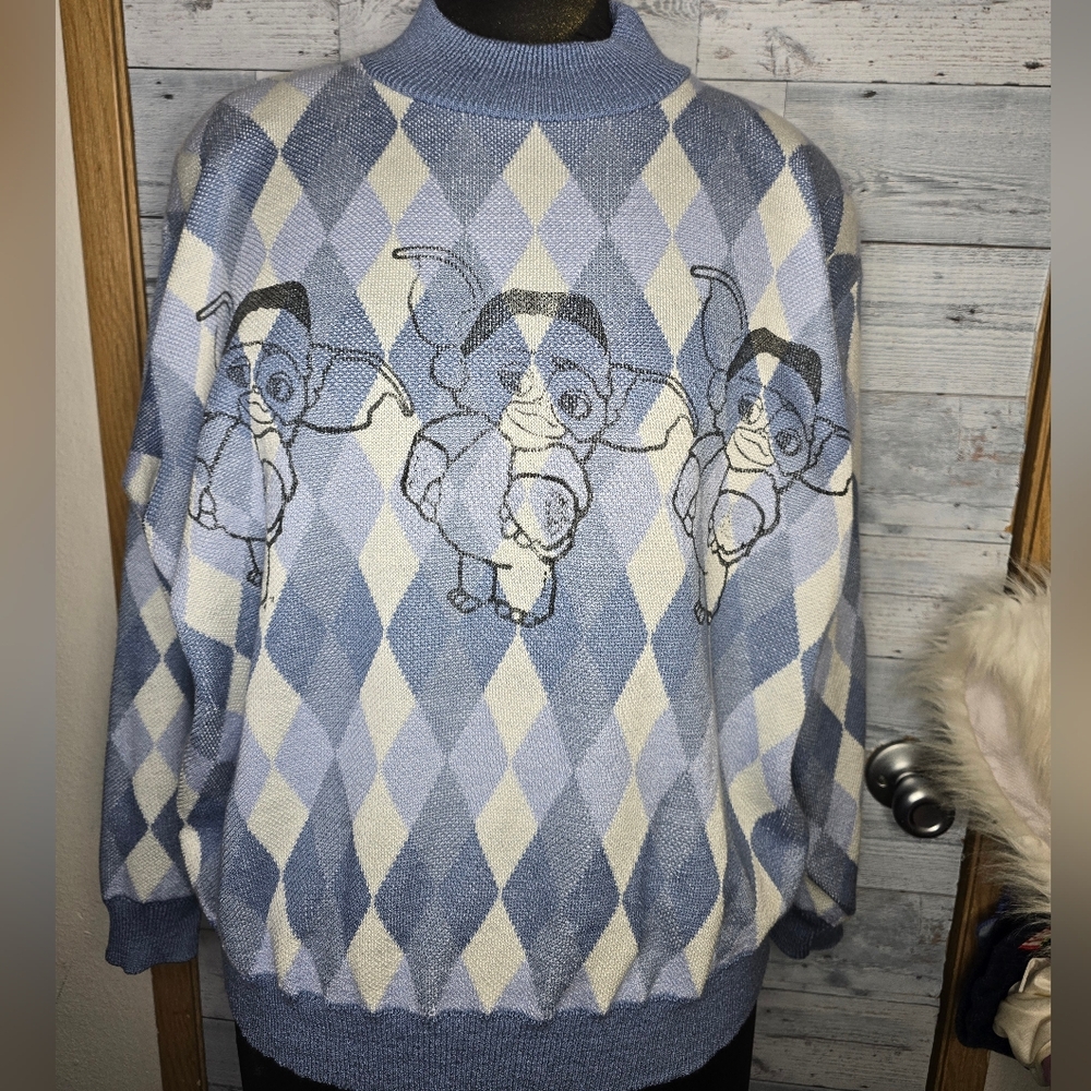 Vintage 1980's Customized Gremlins Blue White Argyle Acrylic Pullover Sweater